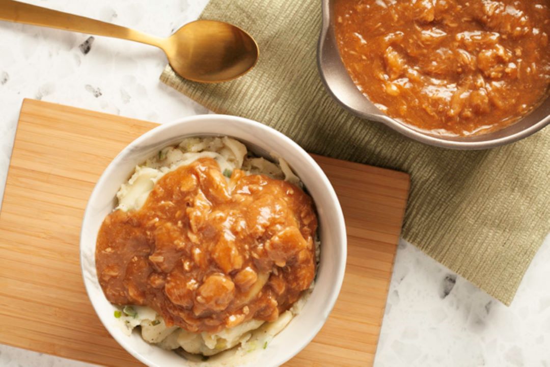 Sour Cream & Onion Mashed Potatoes with Pulled Pork Gravy